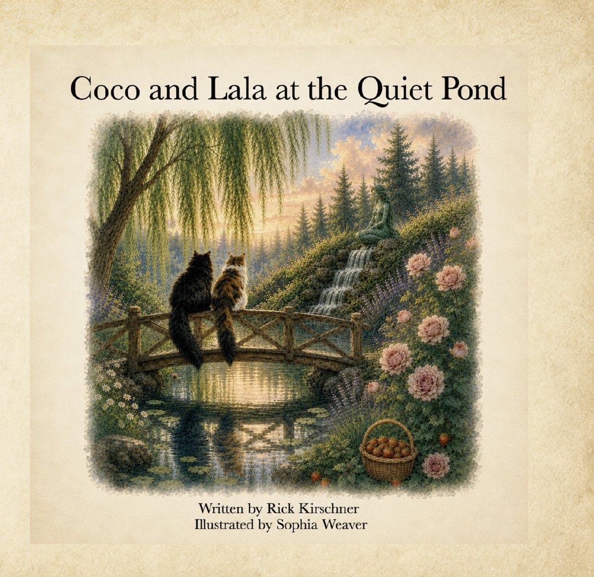 Book cover: Coco and Lala sitting on a wooden bridge over a quiet pond at sunset