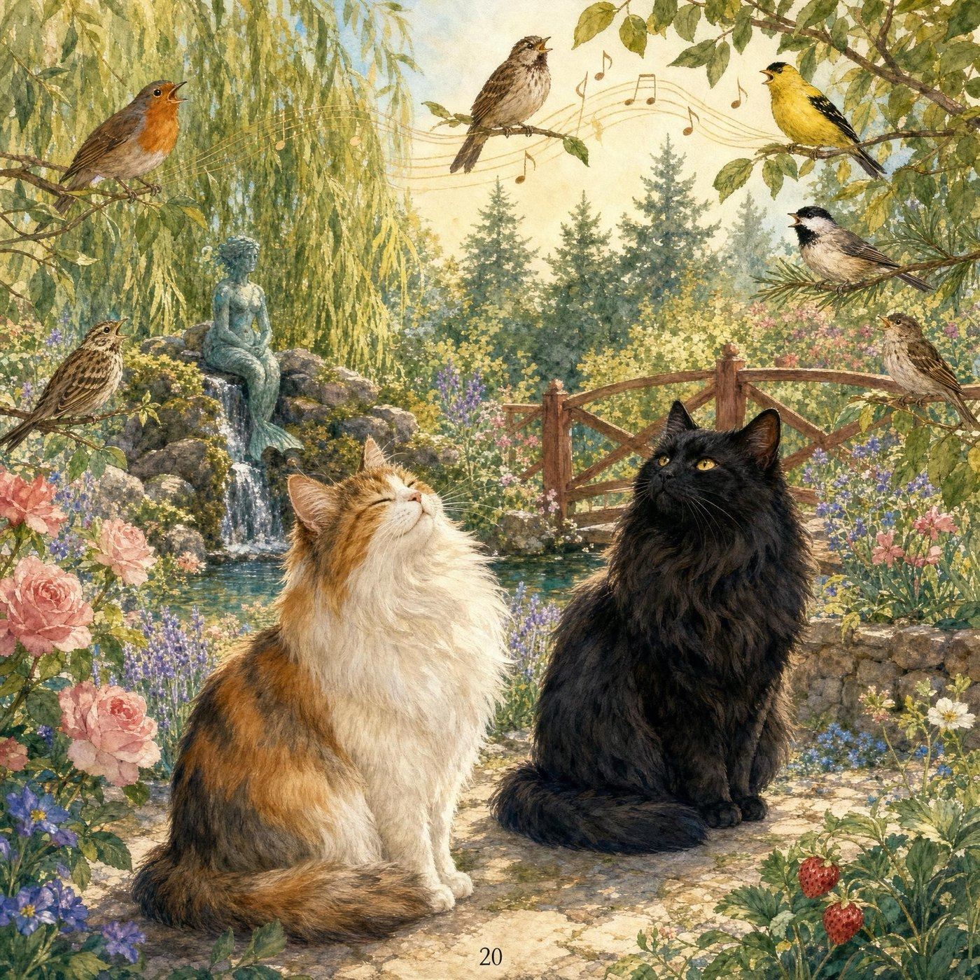 Coco and Lala listening to songbirds around the quiet pond, from the book