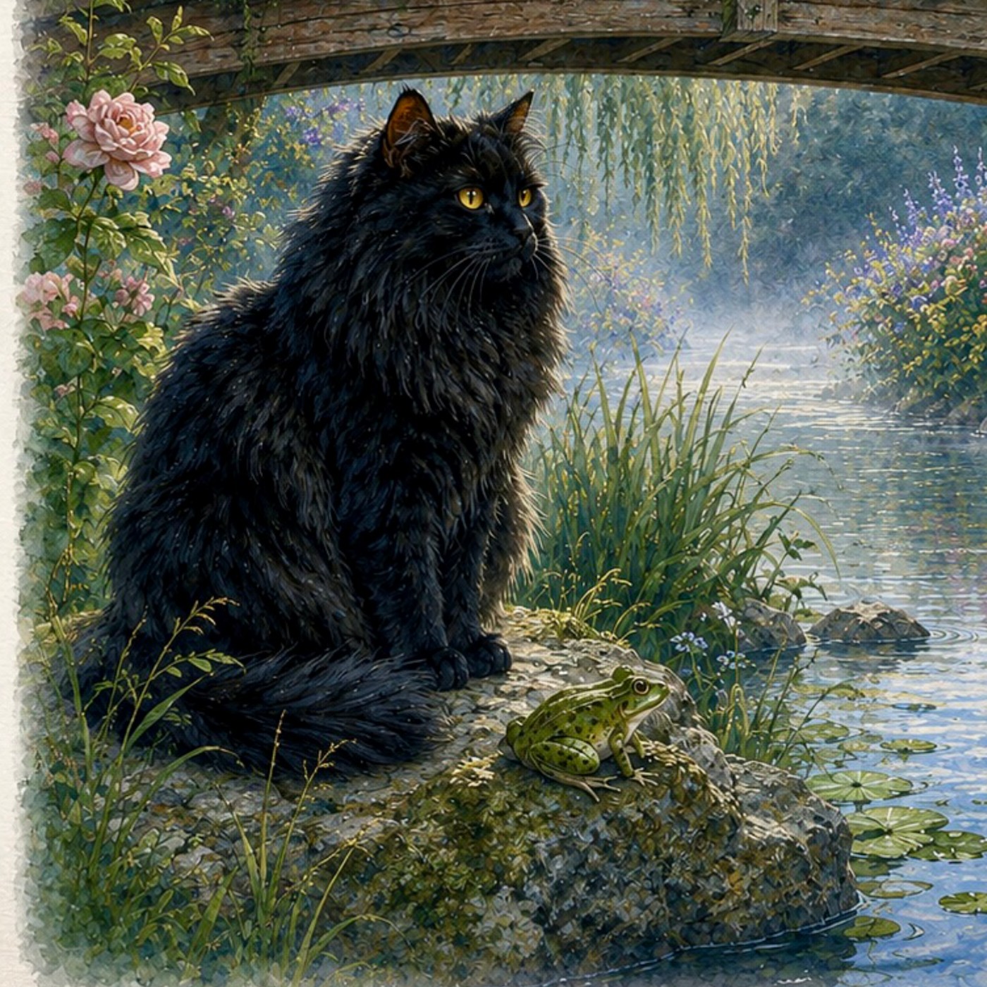 Coco, a large long-haired black Norwegian Forest cat sitting by the pond