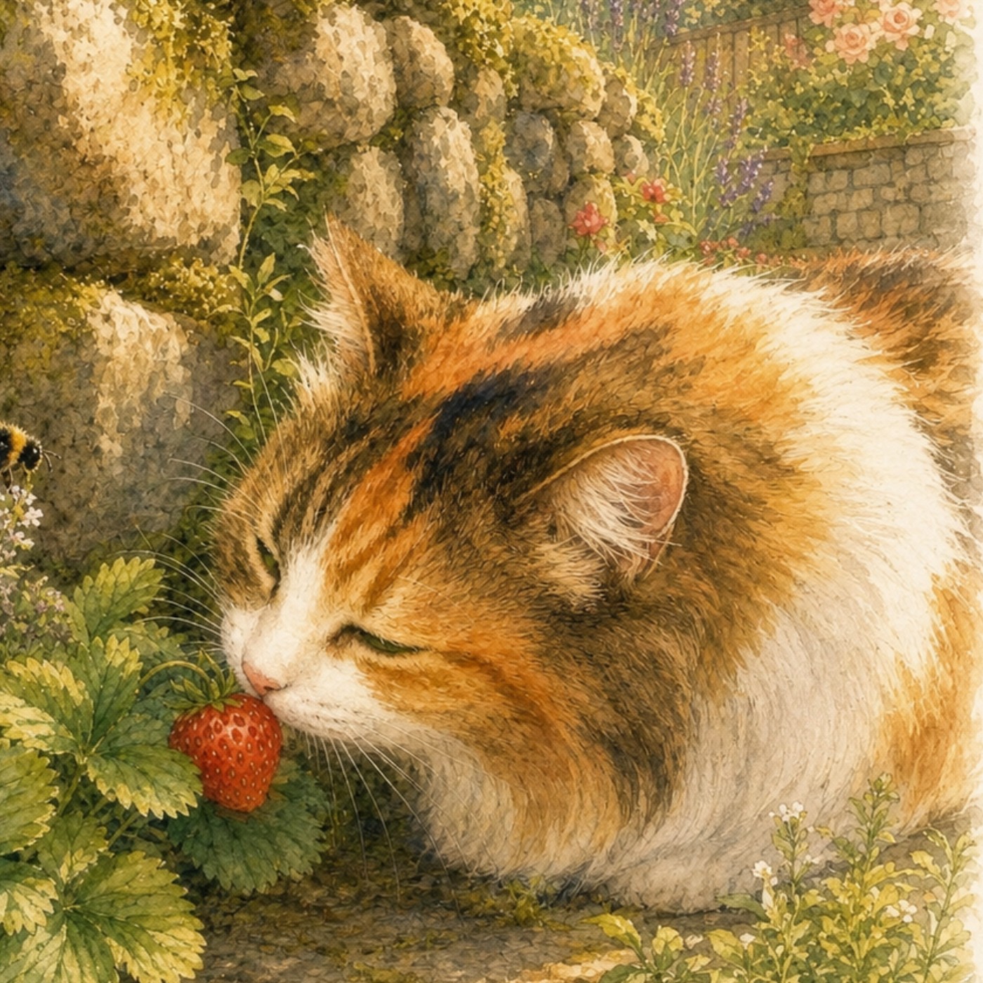Lala, a grown long-haired calico Norwegian Forest cat tasting a strawberry