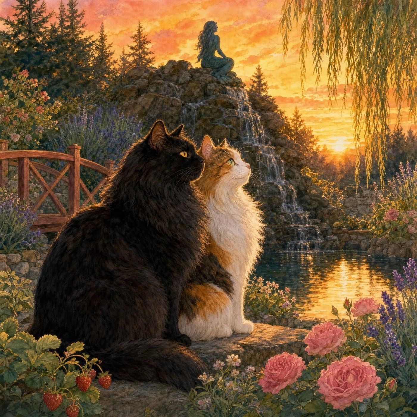 Coco and Lala sitting together at sunset beneath a mermaid statue and waterfall