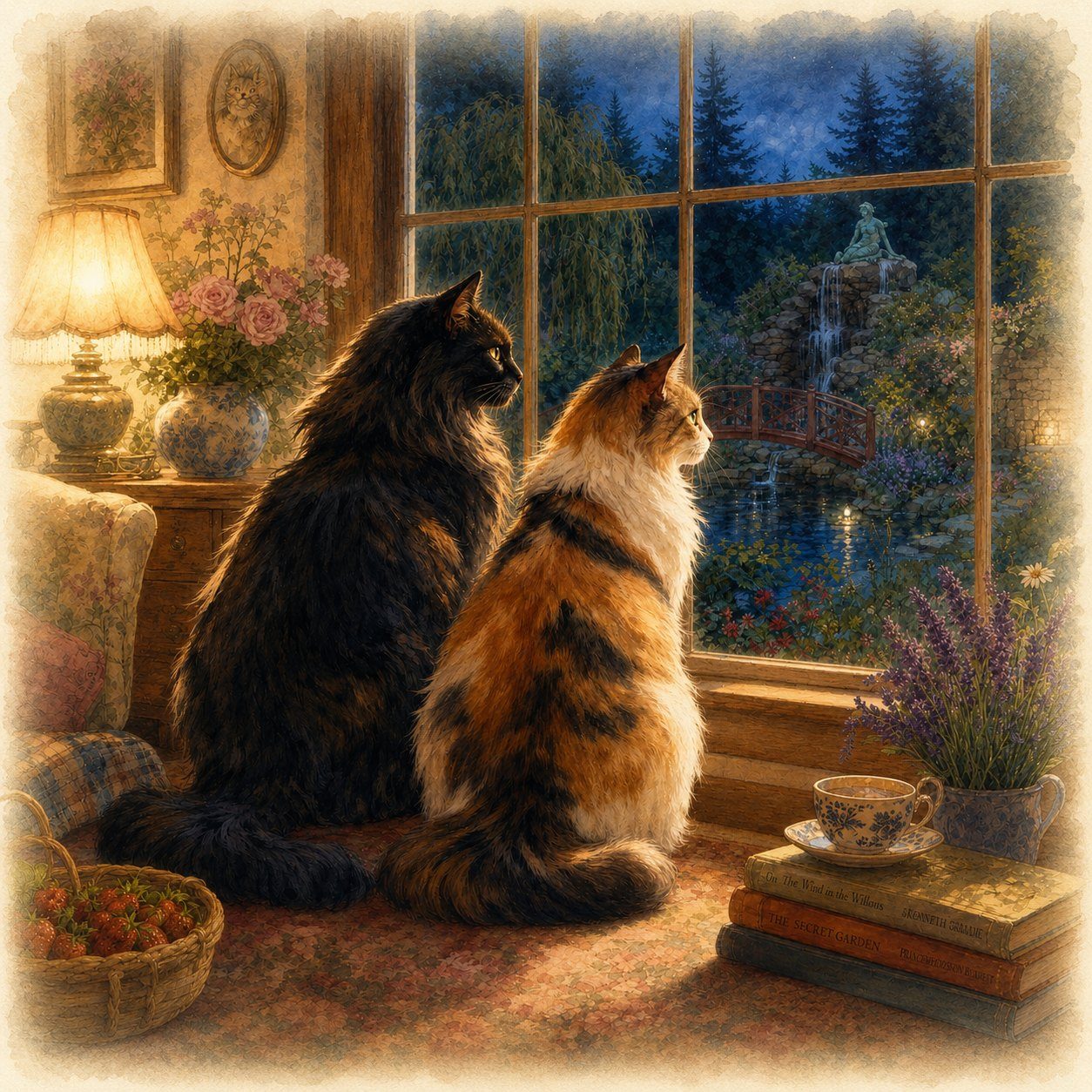 Coco and Lala sitting at a window at dusk, looking out at the mermaid, the bridge, and the pond